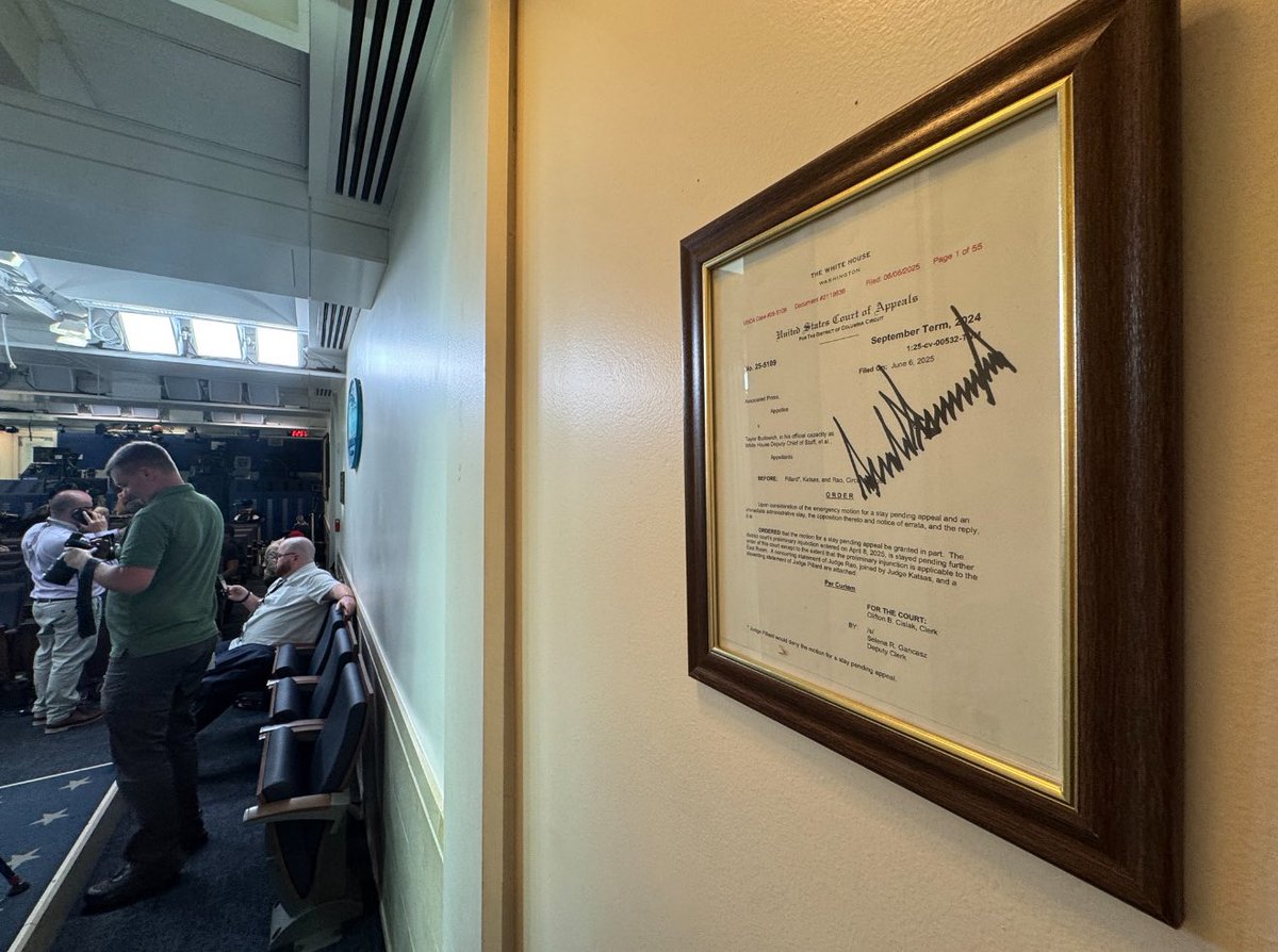 Nick Sortor (@nicksortor) on Twitter photo 🚨 LMAO! The White House just framed and hung a copy of the court decision BARRING AP from the press pool on the wall of the briefing room, per <a href="/PenguinSix/">Andrew Leyden</a>
And it’s even SIGNED by President Trump himself! 🤣
47’s dancing on AP’s grave 🚨 LMAO! The White House just framed and hung a copy of the court decision BARRING AP from the press pool on the wall of the briefing room, per <a href="/PenguinSix/">Andrew Leyden</a>
And it’s even SIGNED by President Trump himself! 🤣
47’s dancing on AP’s grave