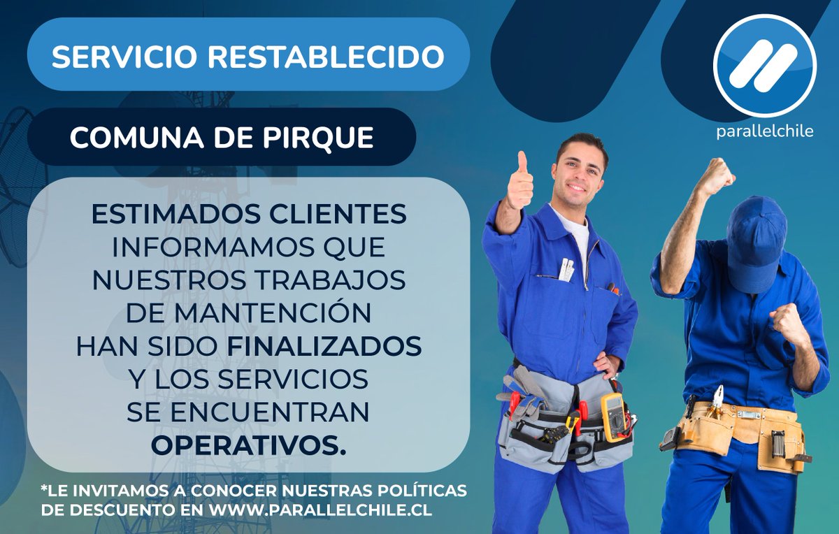 Parallel_Chile's tweet photo. Vecinos de Pirque 📣

Con agrado les informamos que nuestro servicio ya se encuentra restablecido. 👏
Agradecemos la espera y paciencia. 😊

-Equipo Parallel Chile

#parallelchile #pirque https://t.co/A9UMPUE2Tb