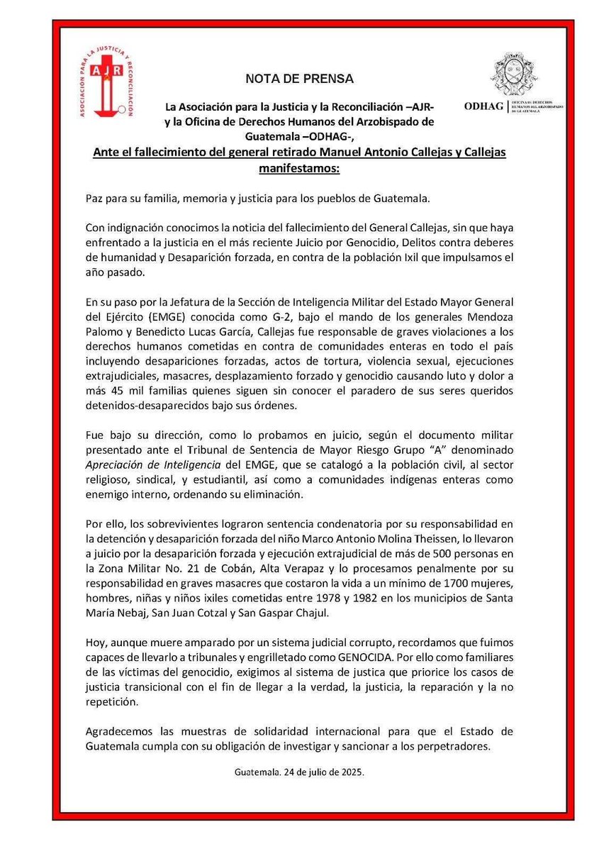 PrensaComunitar's tweet image. "Fuimos capaces de llevarlo a tribunales"
La Asociación para la Justicia y la Reconciliación reacciona ante el fallecimiento del general Manuel Antonio Callejas y Callejas.
📸 Juan Rosales