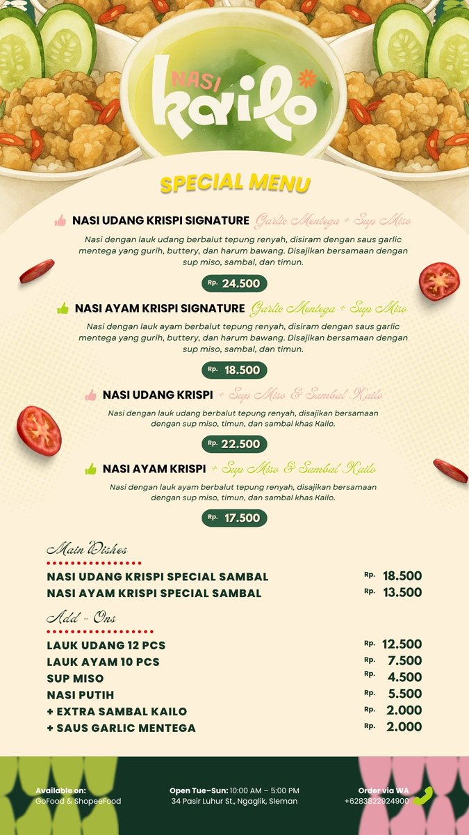 makuniang_9's tweet image. MU9 & Nasi Kailo buka lagi. Kayak biasa, tiap Jumat kami adain #JumatBerkah: B1G1!
Pesan 1 ricebowl + sup miso, dapet 1 ricebowl lagi π
Khusus Delivery via:
ShopeeFood: spf.shopee.co.id/2LNaDfmZZA
GoFood: gofood.link/a/Qvp2SuC
Menu lainnya? Cek bio. Yuk di order, kuota terbatas~