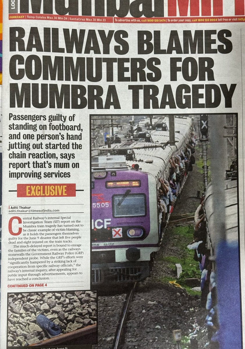 Adv. M (@ruralindia) on Twitter photo Totally agree with <a href="/Central_Railway/">Central Railway</a> - those who died falling off overcrowded train at Mumbra are themselves responsible for their own deaths.
Because, for 10+ years, they have been electing an unaccountable government. So, they’re responsible. Totally agree with <a href="/Central_Railway/">Central Railway</a> - those who died falling off overcrowded train at Mumbra are themselves responsible for their own deaths.
Because, for 10+ years, they have been electing an unaccountable government. So, they’re responsible.