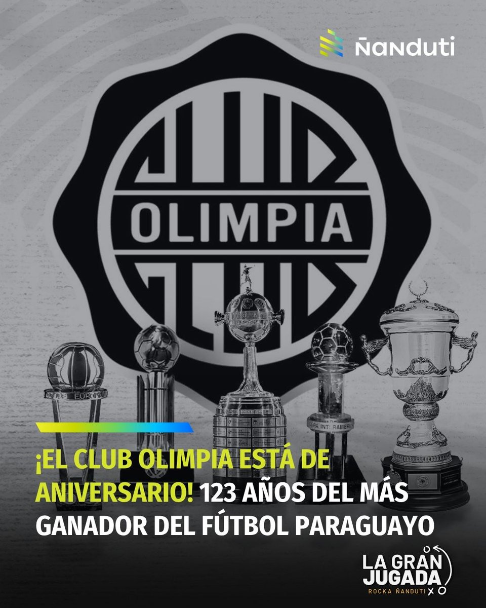 nanduti's tweet photo. ¡El Club #Olimpia está de aniversario! ⚪️⚫️🎉 

⭐️🏆 El franjeado, tricampeón de América, campeón del mundo y el más ganador del fútbol paraguayo, cumple 123 años de vida institucional. 

¡Salud y felicidades a toda la nación franjeada! 🎆 

#LaGranJugada | #Ñanduti https://t.co/lsHoO6Bnwq