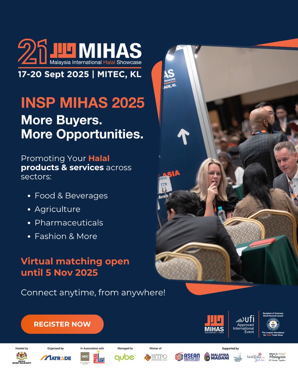 INSP MIHAS 2025 means more buyers, more opportunities. With extended virtual matching till 5 Nov, Malaysian exporters can connect with global buyers anytime, anywhere.

Register now: mihas.com.my/international_…

#ThinkHalalThinkMIHAS #MATRADE #MIHAS2025 #MIHAS