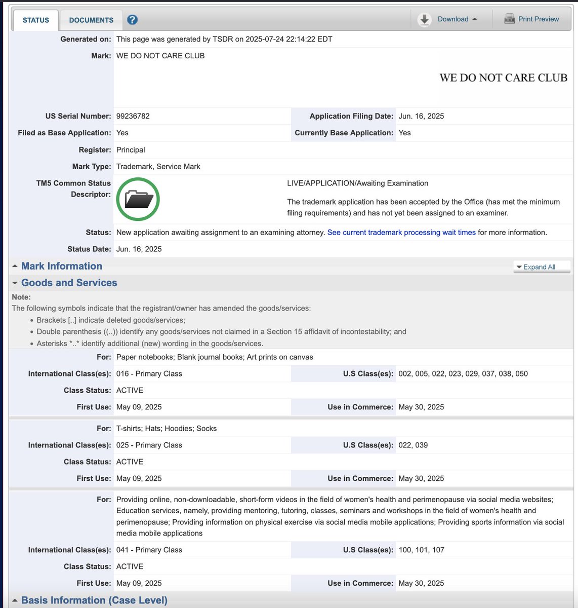 lexlanham's tweet image. read this article in @bostonglobe about the "we do not care club" for menopausal & perimenopausal women with no F's to give, started by a 45 y/o influencer in florida
then i hopped over to @uspto and lo & behold... the trademark application
bostonglobe.com/2025/07/21/lif…