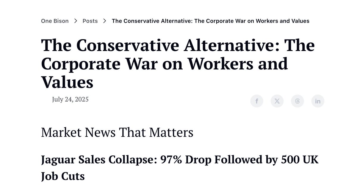 While Jaguar collapses (-97% sales) and Cracker Barrel faces discrimination complaints, some businesses still put customers first.

Read the full story in our newsletter and start supporting businesses that share your values: one-bison.beehiiv.com/subscribe

#OneBison #FaithFamilyFreedom