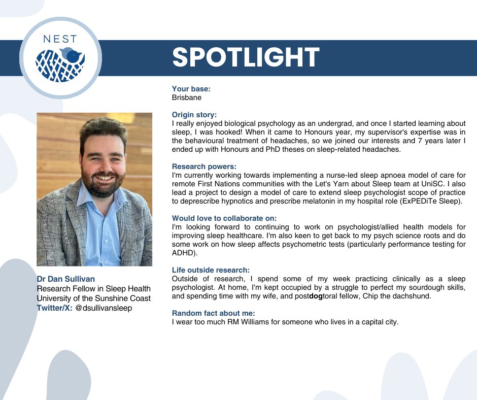 ASA NEST (@asa_nest) on Twitter photo 🔦 NEST Spotlights 💡
(1/2)
Meet Dan Sullivan - Research Fellow in Sleep Health at University of the Sunshine Coast!
Follow along: <a href="/dsullivansleep/">Dr Daniel Sullivan</a> 🔦 NEST Spotlights 💡
(1/2)
Meet Dan Sullivan - Research Fellow in Sleep Health at University of the Sunshine Coast!
Follow along: <a href="/dsullivansleep/">Dr Daniel Sullivan</a>