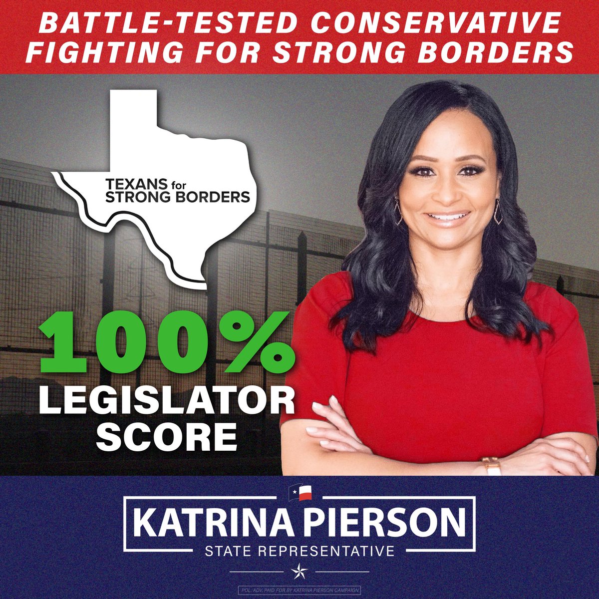 Katrina Pierson (@katrinapierson) on Twitter photo Proud to earn a perfect score from <a href="/StrongBordersTX/">Texans for Strong Borders</a> for the 89th #txlege. I’ve been a border hawk since day one of my political career—and I’m not backing down now. Texas sovereignty is non-negotiable. #StrongBorders #SecureTheBorder Proud to earn a perfect score from <a href="/StrongBordersTX/">Texans for Strong Borders</a> for the 89th #txlege. I’ve been a border hawk since day one of my political career—and I’m not backing down now. Texas sovereignty is non-negotiable. #StrongBorders #SecureTheBorder