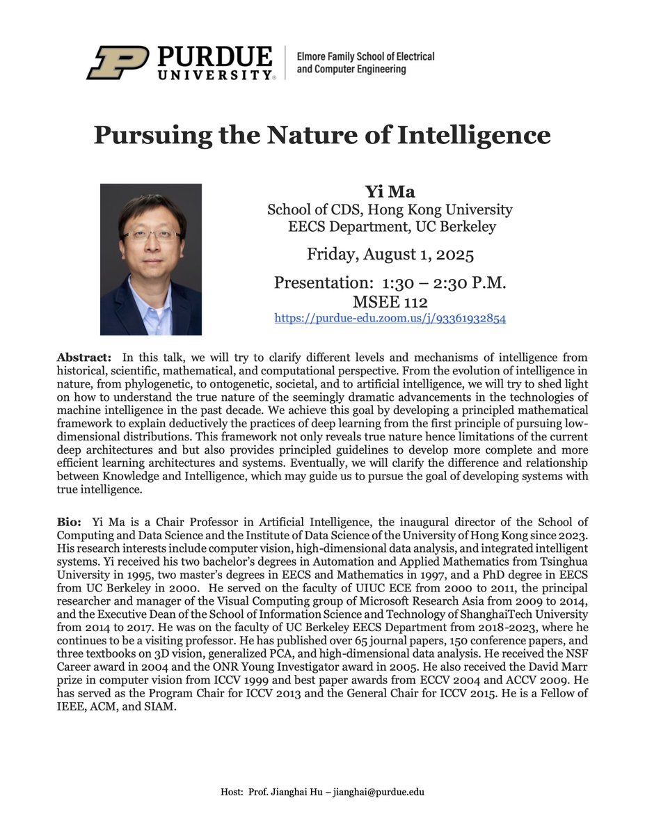YiMaTweets's tweet image. To visit and give a talk at Purdue in a week.