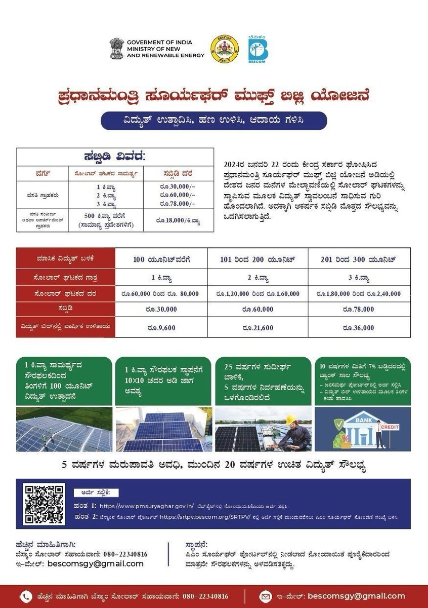 NammaBESCOM's tweet image. ಸೂರ್ಯಘರ್ ಯೋಜನೆಯ ಮೂಲಕ ನಿಮ್ಮ ಮನೆ ಮೇಲ್ಛಾವಣಿಯಲ್ಲಿ ಸೌರವಿದ್ಯುತ್ ಘಟಕ ಸ್ಥಾಪಿಸಿ ಆಕರ್ಷಕ ಸಬ್ಸಿಡಿ ಪಡೆಯಿರಿ. ಹೆಚ್ಚಿನ ಮಾಹಿತಿಗಾಗಿ ಸೂರ್ಯಘರ್ ಯೋಜನೆಗೆ ಈ ಲಿಂಕ್ ಮೂಲಕ pmsuryaghar.gov.in ನೋಂದಾಯಿಸಿಕೊಳ್ಳಿ ಹಾಗೂ ಬೆಸ್ಕಾಂನ ಸೋಲಾರ್ ಸಹಾಯವಾಣಿ ಸಂಖ್ಯೆ 080-22340816 ಕ್ಕೆ ಕರೆಮಾಡಿ. #Bescom #SuryagharScheme…