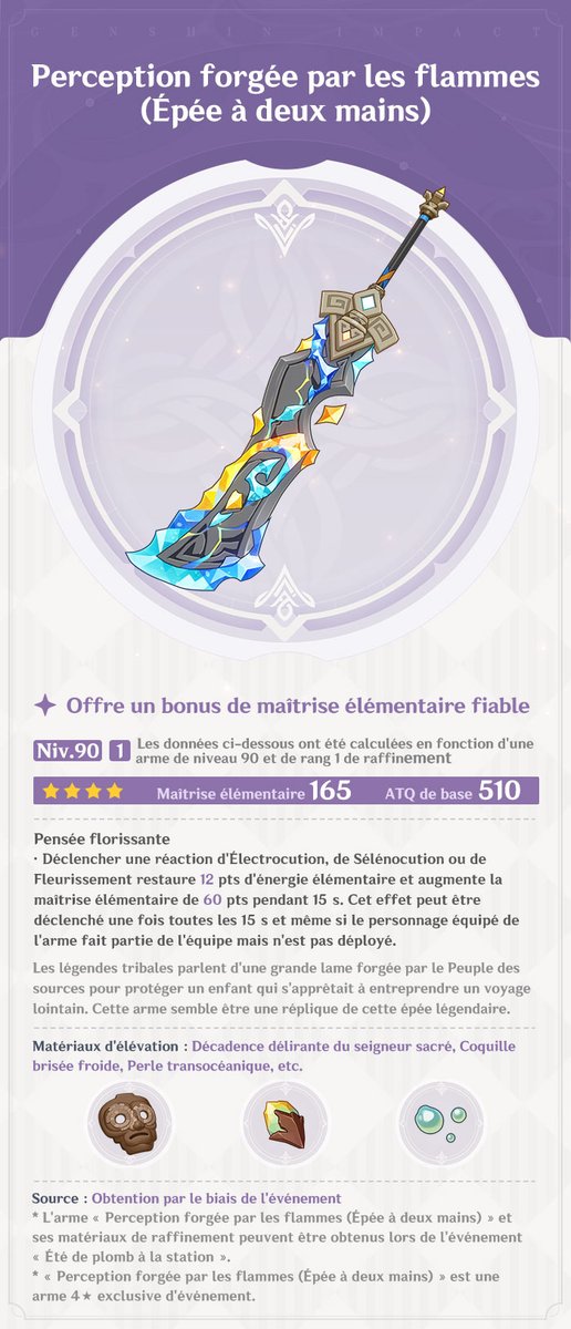 genshinimpactfr's tweet image. Présentation des nouvelles armes de la version 5.8 « Été de plomb à la station »
#GenshinImpact
Bonjour, chers voyageurs ! Aujourd'hui, nous vous présentons les nouvelles armes de la version 5.8. Découvrons-les ensemble !
(Les données ci-dessous ont été calculées en fonction…