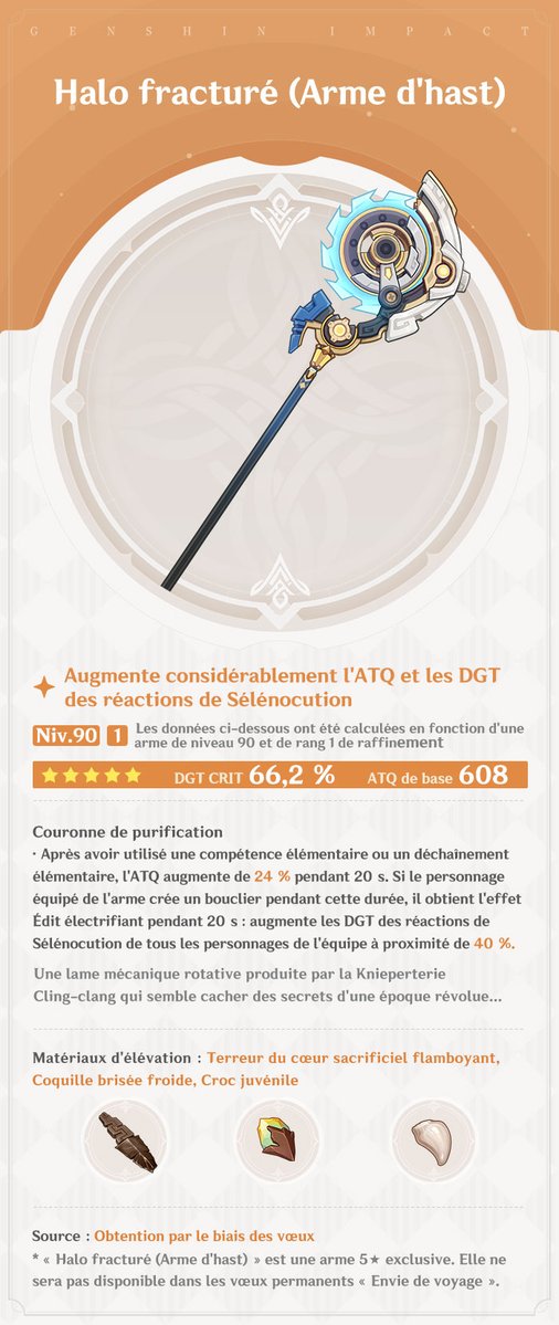 genshinimpactfr's tweet image. Présentation des nouvelles armes de la version 5.8 « Été de plomb à la station »
#GenshinImpact
Bonjour, chers voyageurs ! Aujourd'hui, nous vous présentons les nouvelles armes de la version 5.8. Découvrons-les ensemble !
(Les données ci-dessous ont été calculées en fonction…