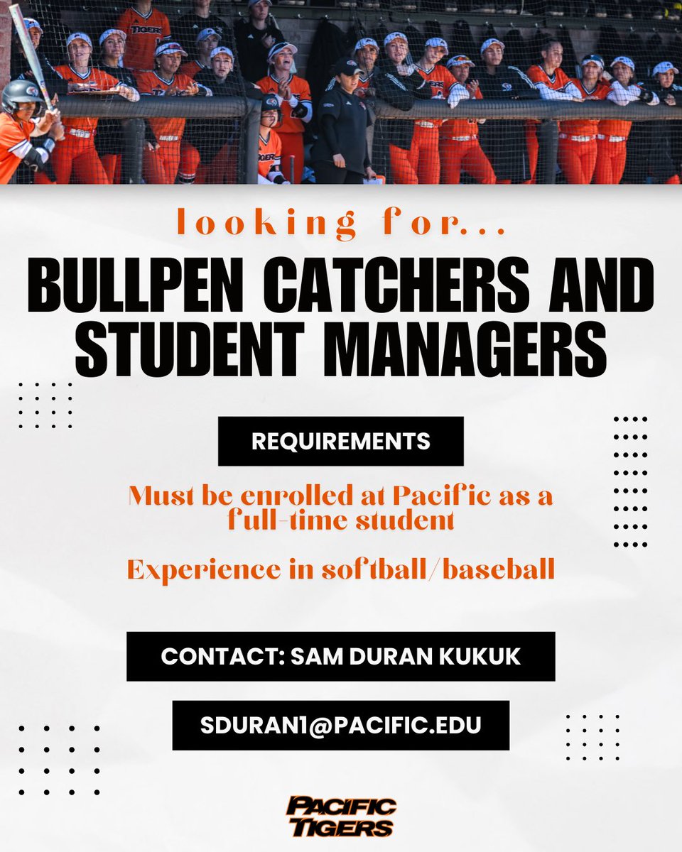 Pacific Softball (@pacificsoftball) on Twitter photo 🚨 Interested in becoming an on-field student manager or bullpen catcher?
Contact sduran1@pacific.edu for info! 🚨 Interested in becoming an on-field student manager or bullpen catcher?
Contact sduran1@pacific.edu for info!