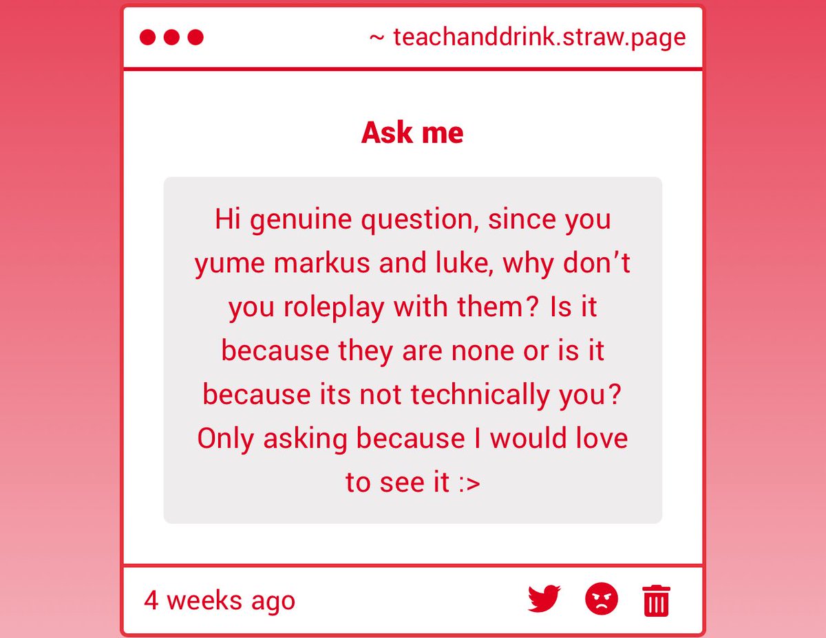 AlcoholTeaching's tweet image. // not me! I separate my rp account and myself. I interact with whoever comes on my tl, or whoever interacts with me.
