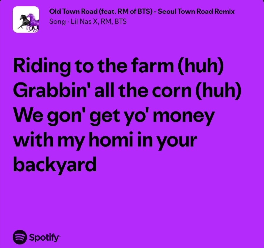 RMofBTS_Lyrics's tweet image. Lil Nas X - Seoul Town Road ft. RM
💿open.spotify.com/track/6woeVu3f…