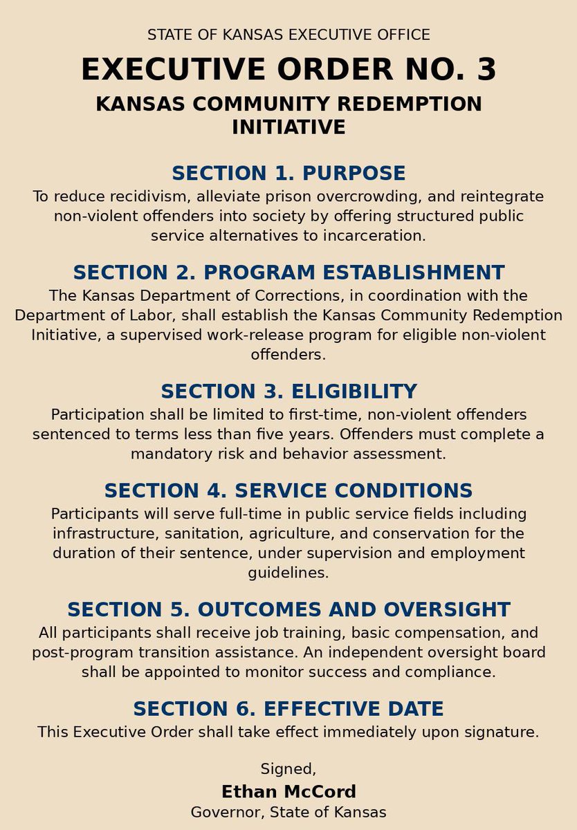 EthanMcCordUSGS's tweet image. Today, I signed Executive Order No. 3 establishing the Kansas Community Redemption Initiative, a new program that gives nonviolent offenders a second chance to serve their community instead of wasting away in a prison cell.
Our goal is simple: reduce repeat crime, cut…