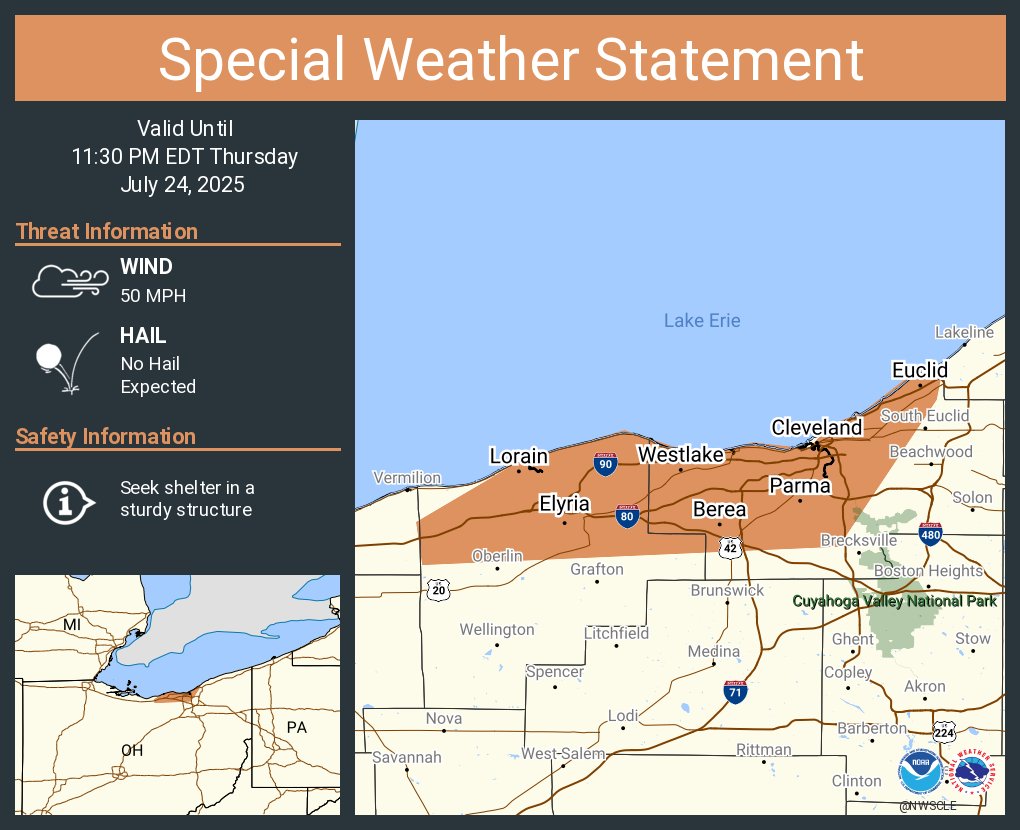 NWSCLE's tweet image. A special weather statement has been issued for Cleveland OH, Parma OH and Lorain OH until 11:30 PM EDT