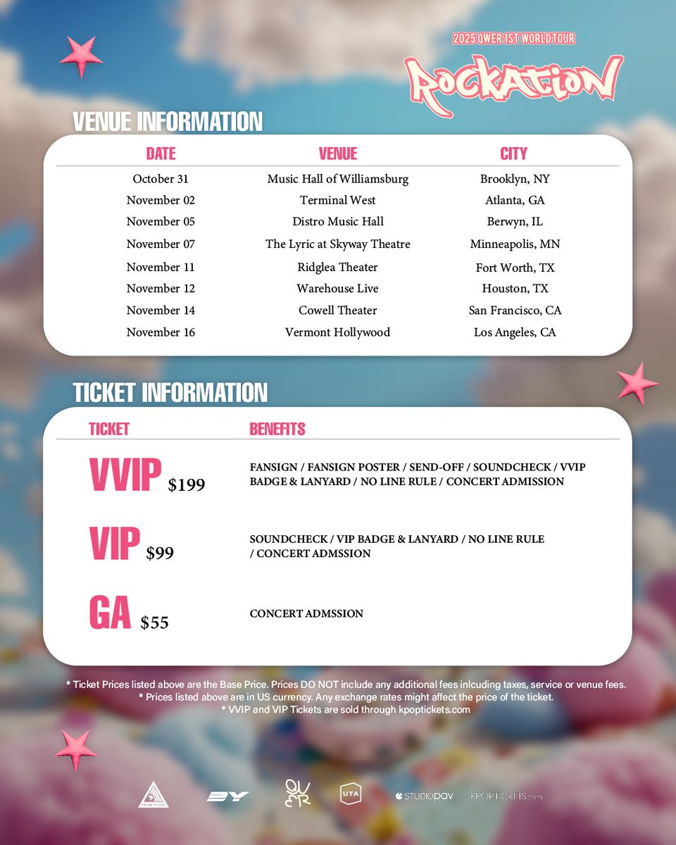 studio_pav's tweet image. #Bawige, ticket information for ๐ธ2025 QWER 1st World Tour ROCKATION๐ธ is at your fingertips!
We are pleased to offer several benefits including a Fansign, Send Off Session and Sound Check for fans! โ๐ป๐ค But make sure to note that VVIP and VIP tickets are VERY LIMTIED ๐จ
Forโฆ