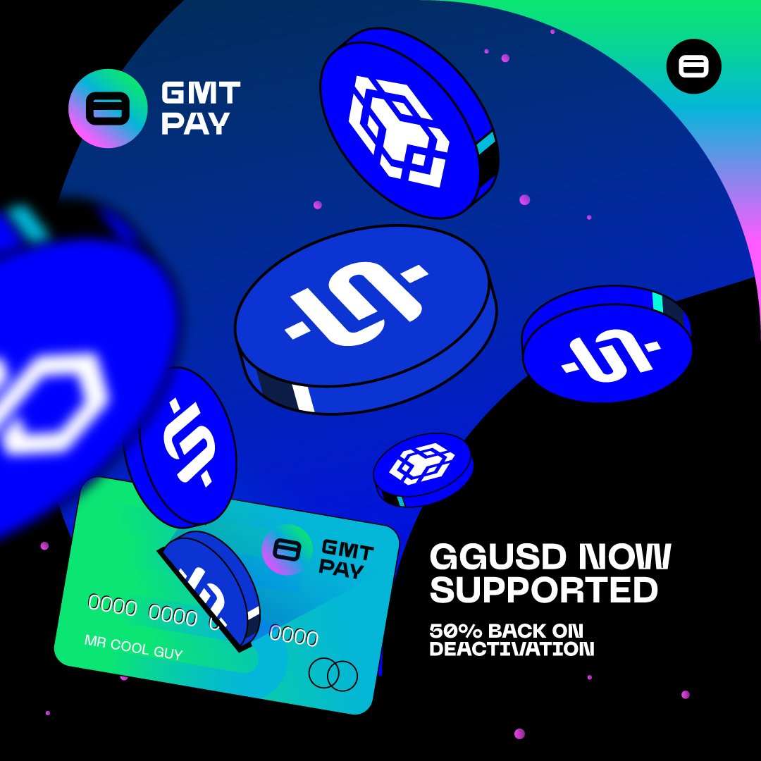 GGUSD now supported 🎉 

You can now pay for GMT Pay cards using GGUSD on <a href="/0xPolygon/">Polygon</a> and <a href="/BNBCHAIN/">BNB Chain</a>.

🔹 Works instantly, no swap needed
🔹 Card fees are also payable in GGUSD
🔹 Plus 50% of balance back in GGUSD upon card deactivation 

Make your next card a GGUSD one →