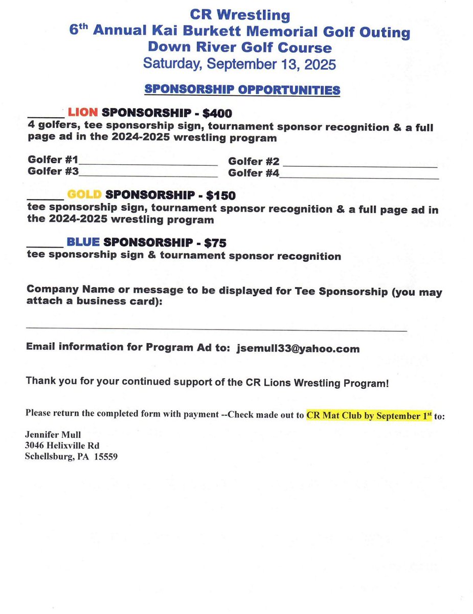 Do you or someone you know like to golf and need a reason to hit the links for a good cause? The CR Mat Club will be putting on the 6th Annual Kai Burkett Memorial Golf Scramble on Saturday, Sept 13th at the Down River Golf Course. Looking for teams and business sponsors.