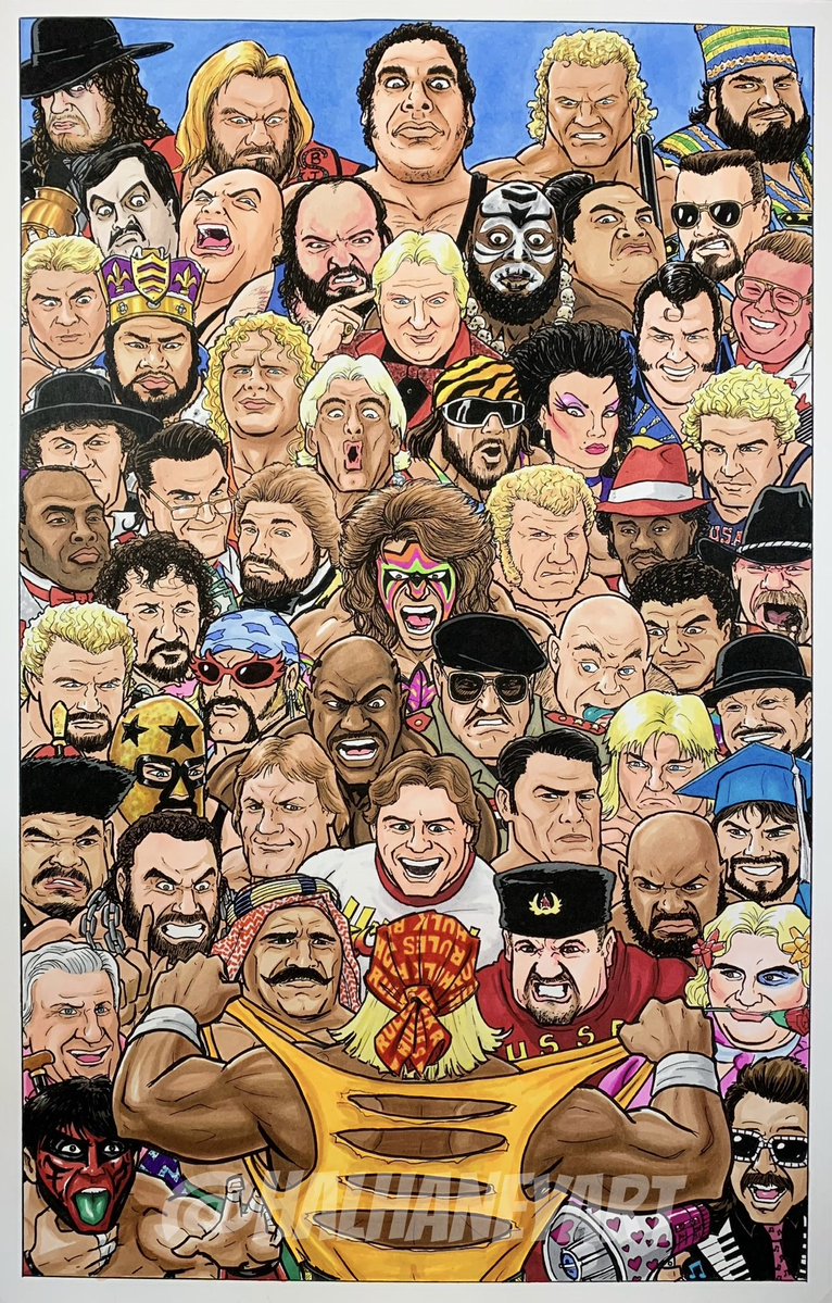 HalHaneyArt's tweet image. This original piece actually burned up in the Pacific Palisades fires a while back and I’m almost glad because of how sad it makes me now. Seriously, count how many of these people are gone. It’s absurd and I cannot be anything but sad when I see it now. RIP Hulkster.