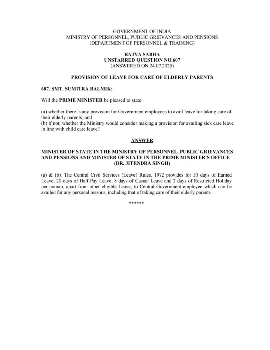 shashank_ssj's tweet image. Central govt employees can now take 30 days Earned Leave, 20 Half Pay, 8 Casual & 2 RHs annually - even to care for elderly parents.
A progressive move valuing family care by @narendramodi govt.
Shouldn’t private sector too offer similar compassionate leave?