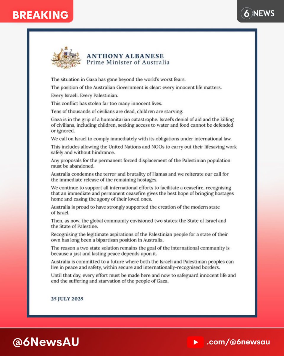 #BREAKING 🚨 Prime Minister Anthony Albanese says the situation in Gaza “has gone beyond the world’s worst fears”

“Israel’s denial of aid and the killing of civilians, including children, seeking access to water and food cannot be defended or ignored”