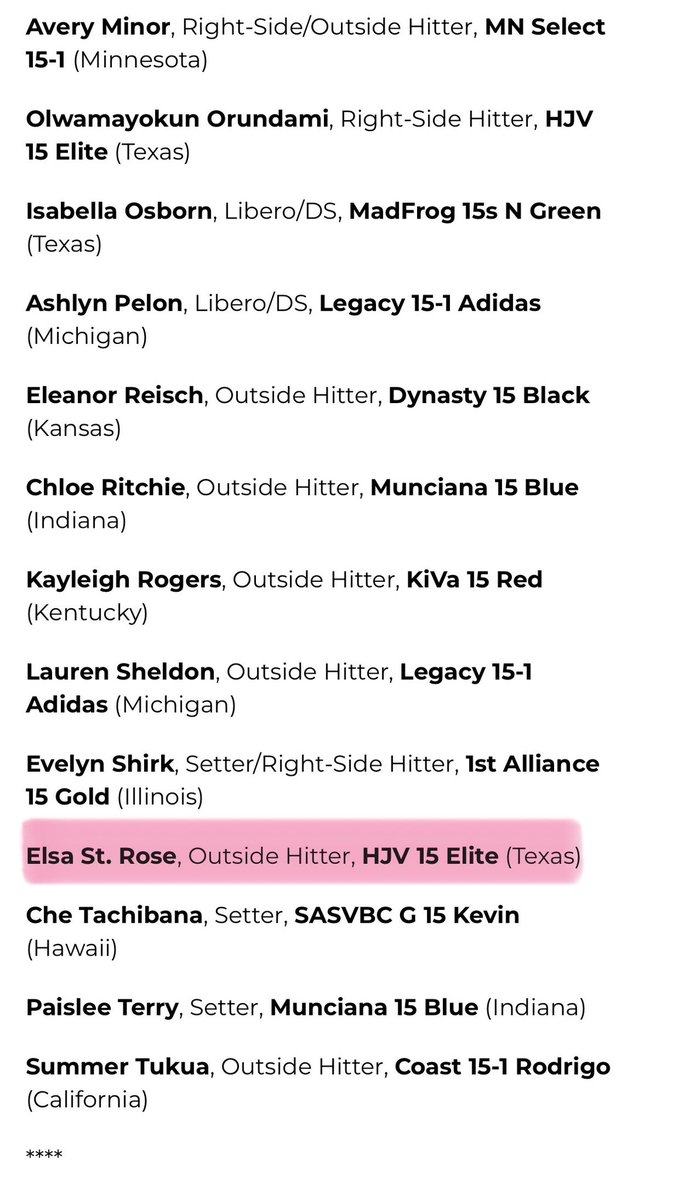 Thank you so much <a href="/PrepVolleyball/">PrepVolleyball.com</a> for naming me to the 2025 Club All-Americans: 15U Second Team! Congrats to my teammates <a href="/Sade_Bello11/">Sade Bello</a> (1st Team), <a href="/mchase2028/">Macie Chase</a> (2nd Team), and Mayo Orundami (2nd Team) for also making the list 💪🏽 Proud of my team!

<a href="/houstonjuniors/">Houston Juniors</a> <a href="/OTHSVolleyball/">Tompkins Volleyball</a>