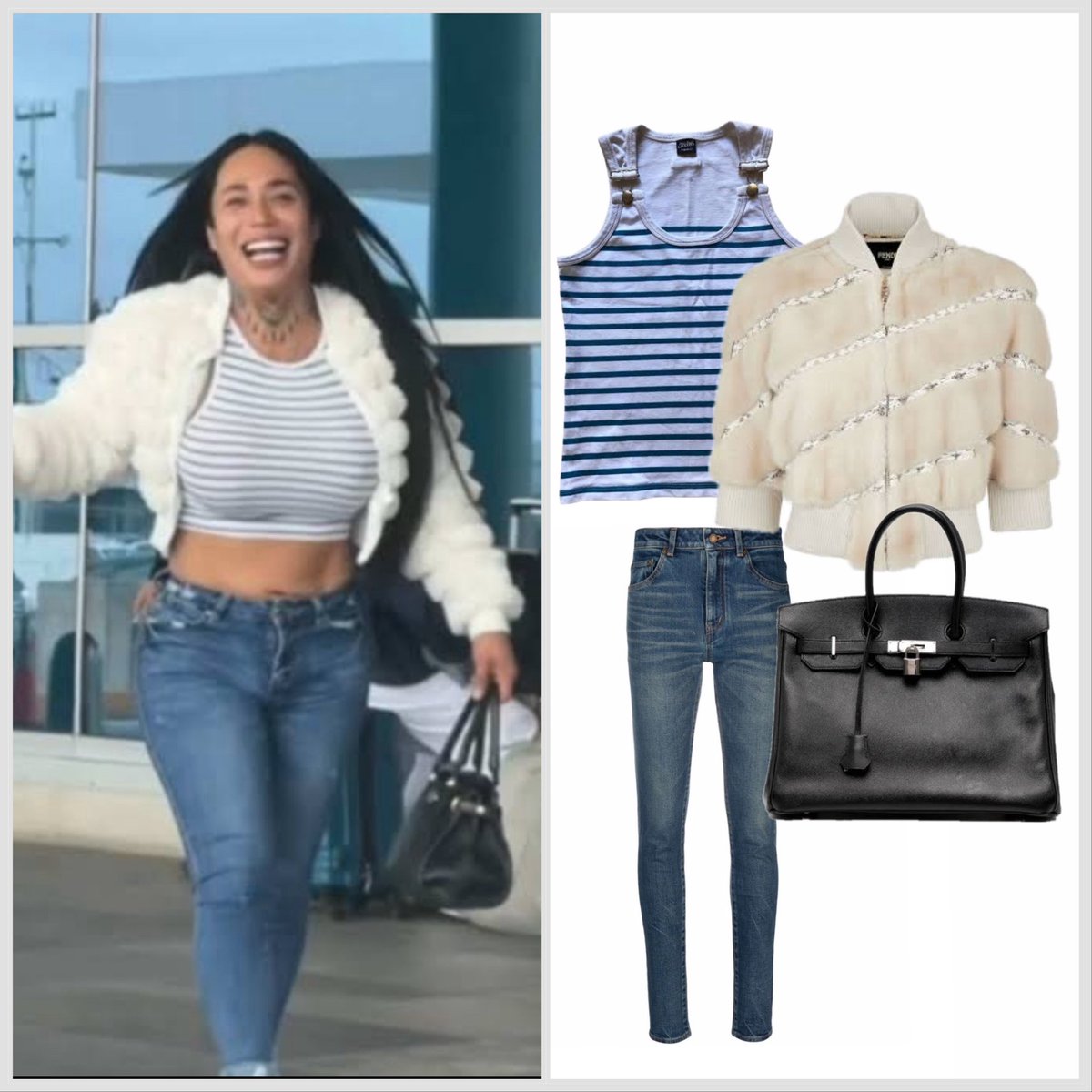 manumanito's tweet image. First look of La Licenciada Karina Torres on the set of "The Devil Wears Prada 2" in New York City wearing vintage Jean Paul Gaultier top, Fendi fur jacket, YSL jeans and a Vintage Birkin with platinum hardware bag.