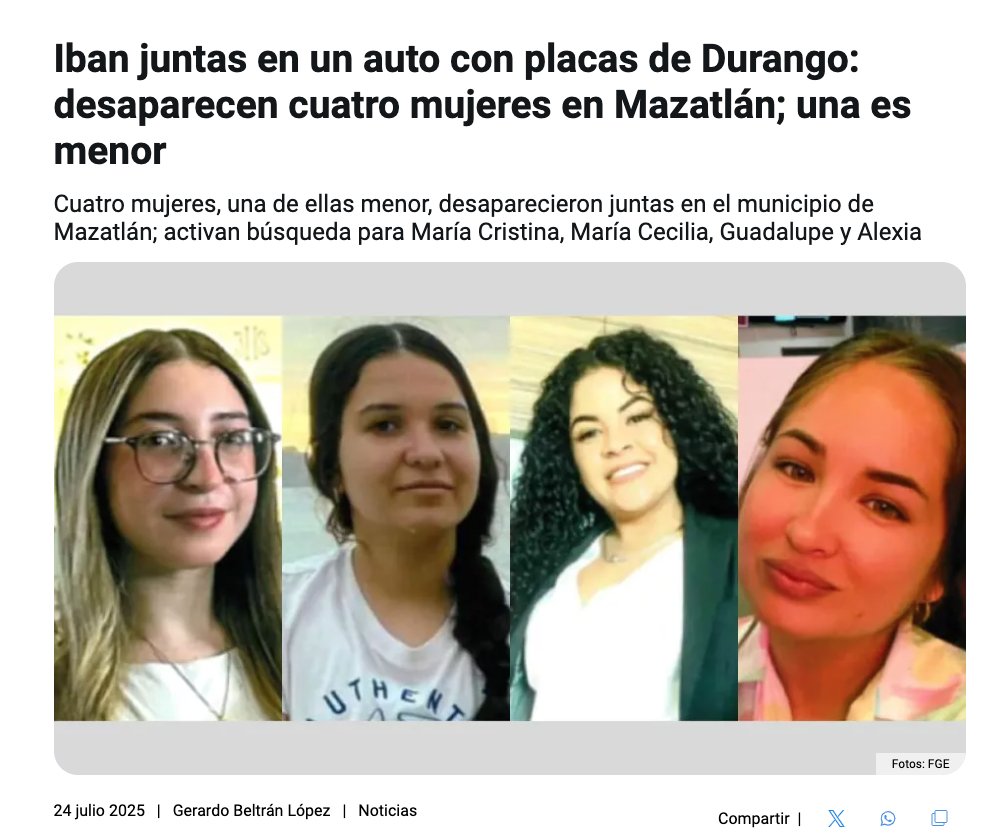 ReporteMxNotic1's tweet image. Cuatro mujeres, una de ellas menor, desaparecieron juntas en el municipio de Mazatlán; activan búsqueda para María Cristina, María Cecilia, Guadalupe y Alexia
#HastaEncontrarla @FiscaliaSinaloa @FGRMexico @SSPCMexico
aztecasinaloa.com/noticias/cuatr…