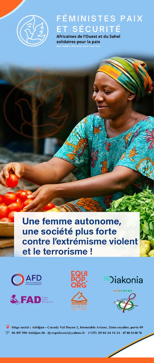 Projet : APPUI À L'ENGAGEMENT DES FEMMES ET DES FILLES DANS LA PREVENTION ET LA LUTTE CONTRE L'EXTRÉMISME VIOLENT ET LE TERRORISME 
Cibles : Femmes et jeunes filles 
Localités cibles : Ouangolo ; Diawala ; Niellé 
<a href="/AFD_France/">Agence Française de #Développement (AFD) 🇫🇷 🇪🇺</a>
<a href="/Equipop_Ong/">Equipop</a> 
<a href="/DiakoniaBF/">Diakonia Burkina Faso</a>
<a href="/ONGFADniger/">ONG FAD Niger</a>
<a href="/GoreeInstitute/">Gorée Institute</a>