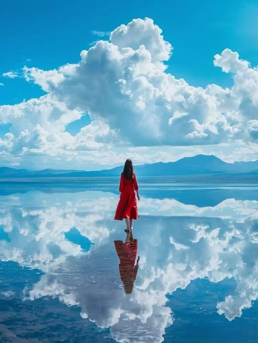 GSuMS162BULpQAK's tweet image. Qinghai Chaka Salt Lake II is known as the "Mirror of the Sky in China". The lake surface is as calm as a mirror, reflecting human figures, clouds, and distant mountains. At a glance, it is difficult to distinguish between the real and the reflected.