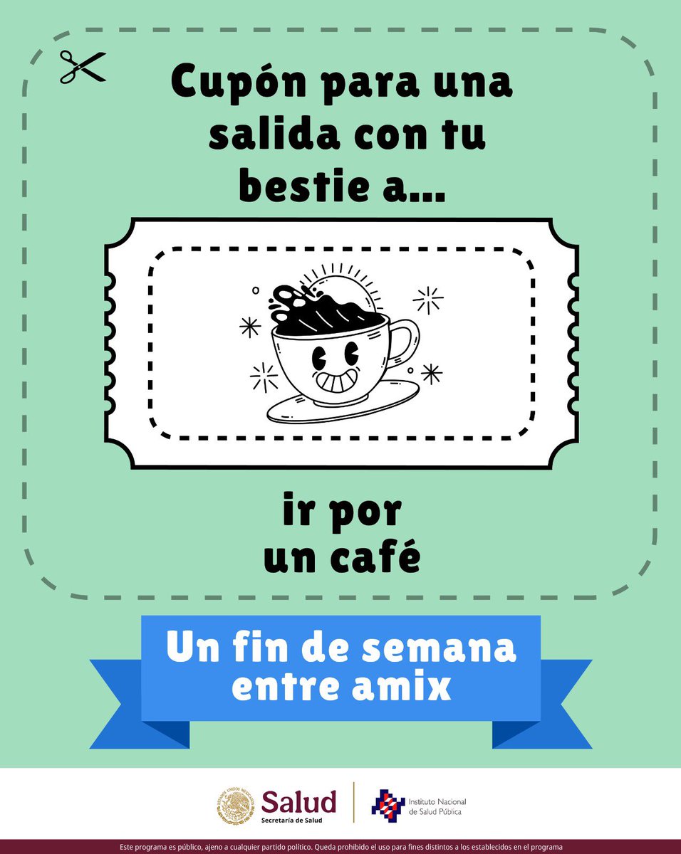 inspmx's tweet image. ¿Se acerca el fin de semana y todavía no tienes un plan con tu amix? 🤝
Este es un cupón para una salida con tu bestie por un cafecito ☕️
Salir con tus amigas y amigos ayuda a mejorar tu salud mental 🧠