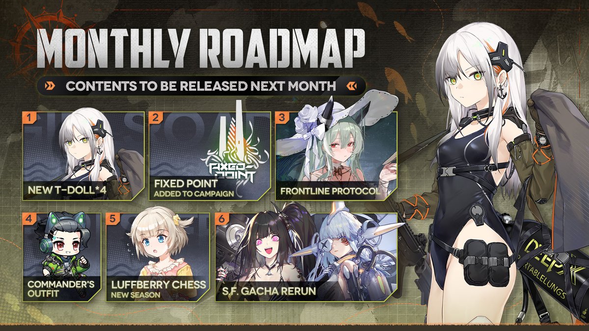 GirlsFrontlineE's tweet image. Dear Commander,
Below is our roadmap for August. Please refer to it for upcoming content in August!
#GirlsFrontline
