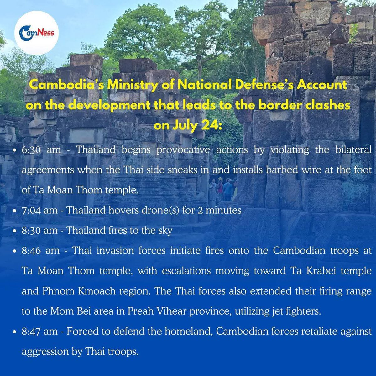 SythonHom's tweet image. The Thai military launched an attack on Cambodia first. Cambodia has the right 
to defend itself and its national sovereignty. Thailand has invaded Cambodia using military force.
#ThailandStartedTheWar
#ไทยเป็นผู้เริ่มสงคราม
#JusticeForCambodia
#cambodianeedpeace