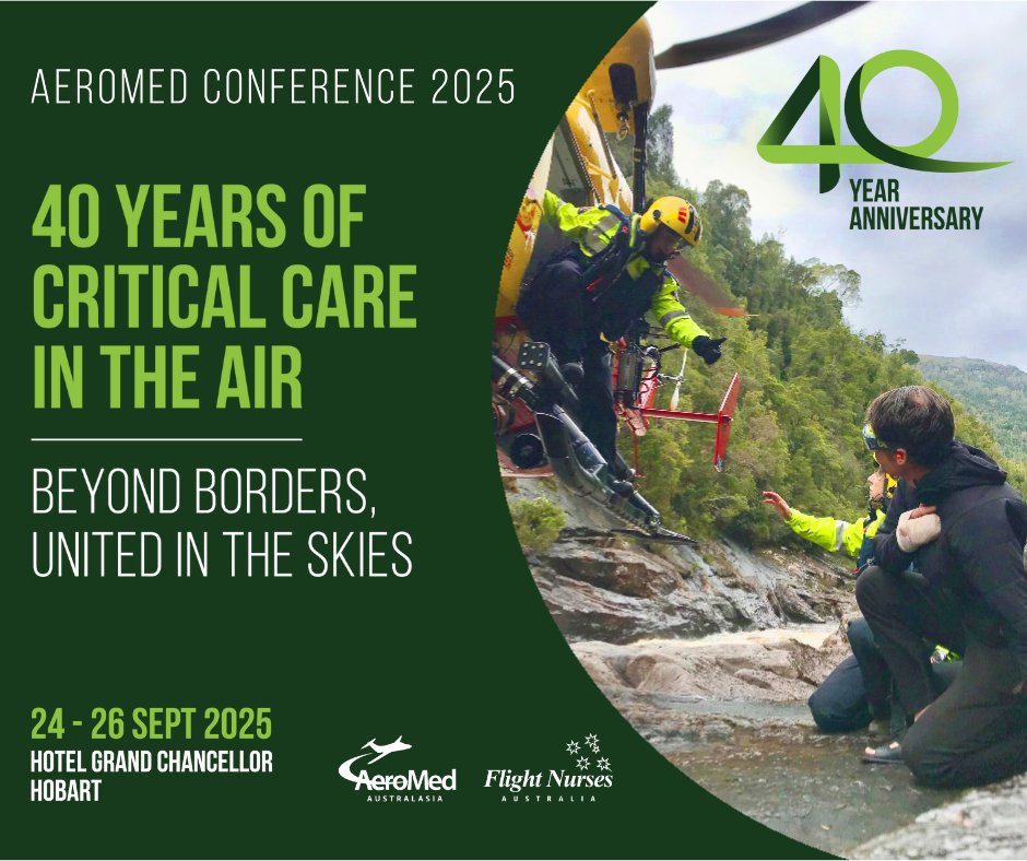 Aeromedical Society of Australasia (@aeromedsociety) on Twitter photo Looking forward to welcoming delegates to the Society's conference in Hobart. Avoid the rush and register now! This is the last day for discounted rates!
#Aeromed25 <a href="/NSWAmbulance/">NSW Ambulance</a> <a href="/SA_Ambulance/">SA Ambulance Service</a> <a href="/StJohn_SA/">St John Ambulance SA</a> <a href="/eRetrievalTAS/">AMMRD Ambulance Tas</a> @ambulancetas <a href="/RFDSQld/">Royal Flying Doctor Service (Queensland Section)</a> <a href="/rfdsSANT_EGMMRS/">Royal Flying Doctor Service SA/NT Aeromed Teams</a> <a href="/RoyalFlyingDoc/">Royal Flying Doctor Service</a> Looking forward to welcoming delegates to the Society's conference in Hobart. Avoid the rush and register now! This is the last day for discounted rates!
#Aeromed25 <a href="/NSWAmbulance/">NSW Ambulance</a> <a href="/SA_Ambulance/">SA Ambulance Service</a> <a href="/StJohn_SA/">St John Ambulance SA</a> <a href="/eRetrievalTAS/">AMMRD Ambulance Tas</a> @ambulancetas <a href="/RFDSQld/">Royal Flying Doctor Service (Queensland Section)</a> <a href="/rfdsSANT_EGMMRS/">Royal Flying Doctor Service SA/NT Aeromed Teams</a> <a href="/RoyalFlyingDoc/">Royal Flying Doctor Service</a>