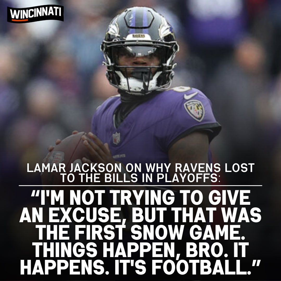 WincinnatiPod's tweet image. Lamar Jackson attributes snow as one of the reasons the Ravens lost to the Bills in the playoffs.