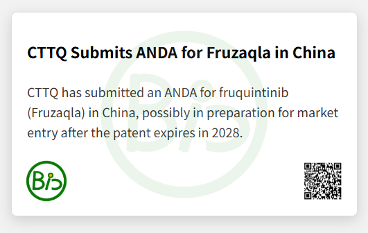 CNBioXYZ's tweet photo. CTTQ has submitted an ANDA for fruquintinib (Fruzaqla) in China, possibly in preparation for market entry after the patent expires in 2028. Tables might turn — will CTTQ's Anlotinib be next? $HCM $TAK https://t.co/awOoxj4E8u