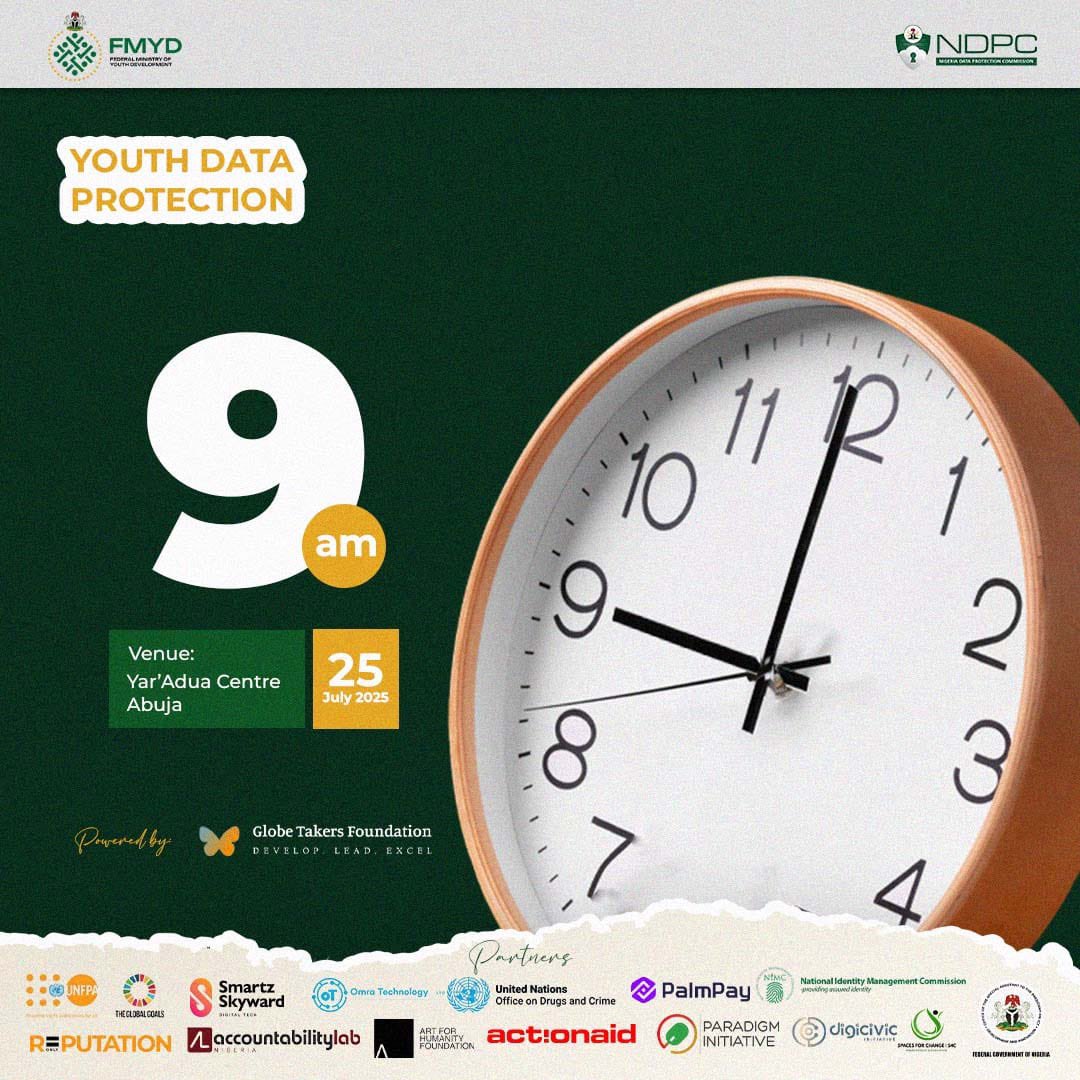 fmydNG's tweet image. ⏰ 9 AM SHARP!
The #YDPAT2025 experience begins at 9:00 AM today, July 25, at Yar’Adua Centre, Abuja.
Let’s talk data. Let’s amplify youth voices. Let’s create Nigeria’s secure digital future—together. 💪🔐
#CyberAwareNaija #YouthInTech #DigitalInclusion #9amPrompt #NDPC #FMYD…