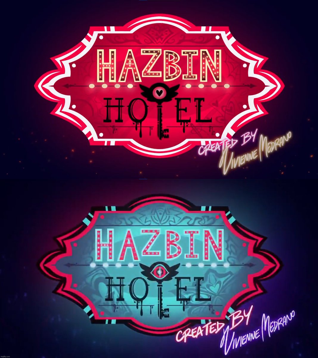 _Choco_torta's tweet image. I really like the logo design for season 2, but I have a few questions..
We know that Vox, Velvette, and Valentino's designs are in the new logo, but who are those little ones next to "Hazbin" supposed to be?
Baxter maybe?
I need answers! 🫠
#HazbinHotel