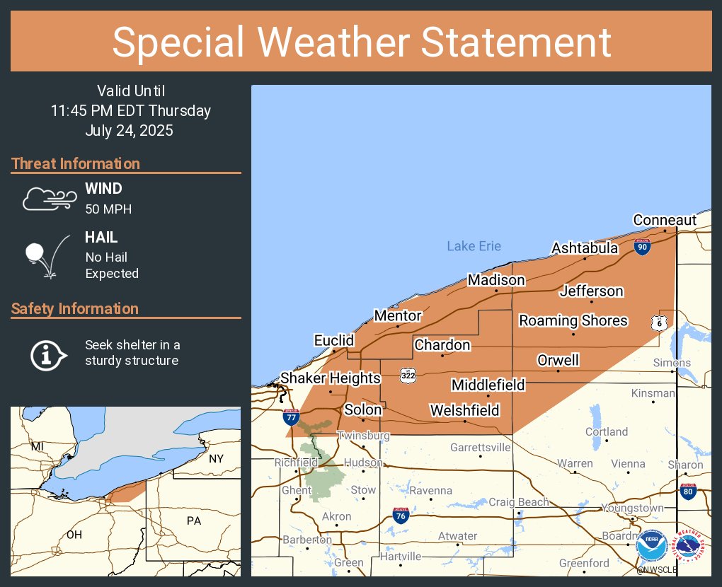 NWSCLE's tweet image. A special weather statement has been issued for Euclid OH, Mentor OH and Cleveland Heights OH until 11:45 PM EDT