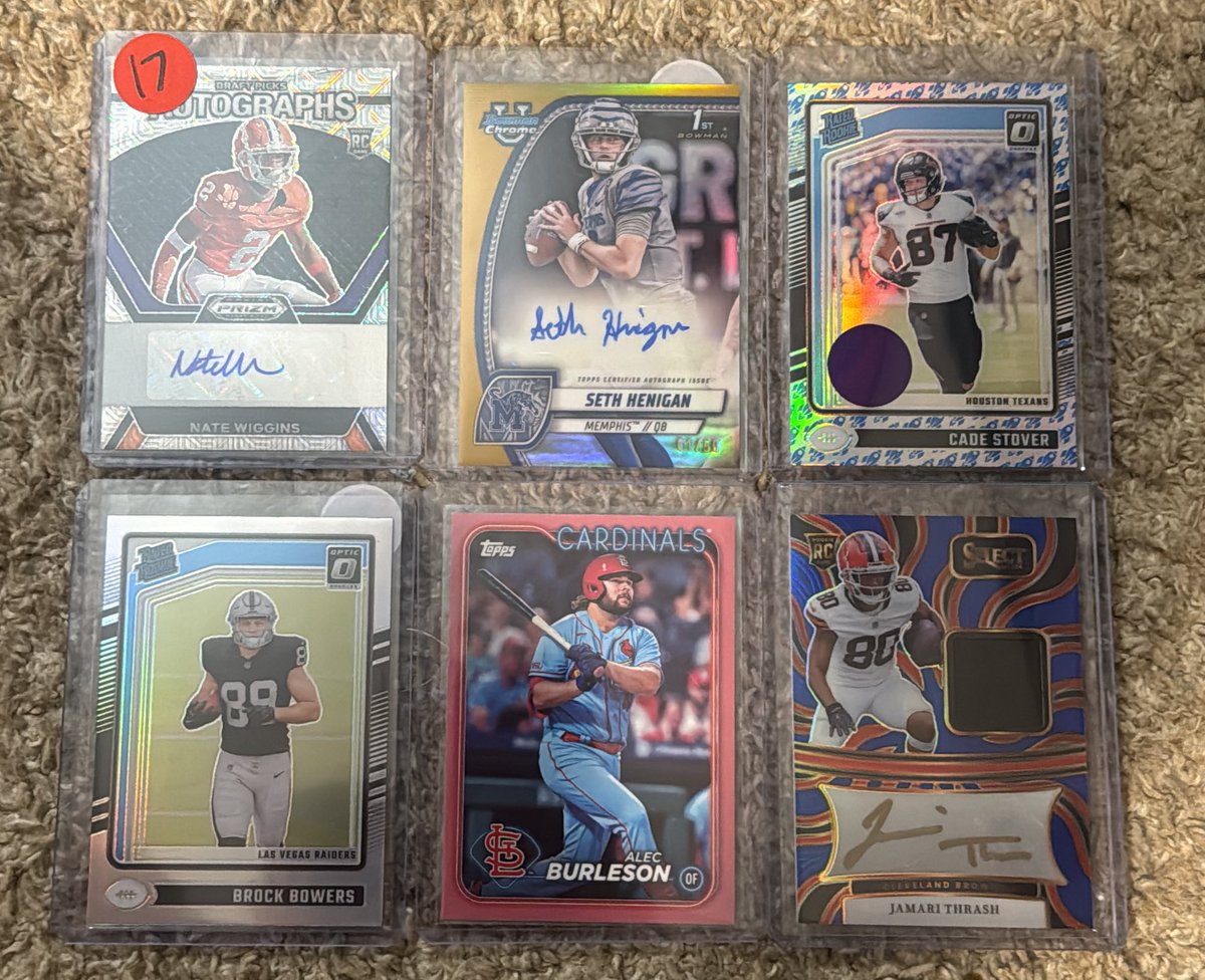 RyanLCards's tweet image. Wiggins /25 - $17
Henigan /50 - $25
Stover rocket emoji - $15
Bowers silvers - $8
Burleson /50 - $12
Thrash /75 - $15
RTs appreciated!