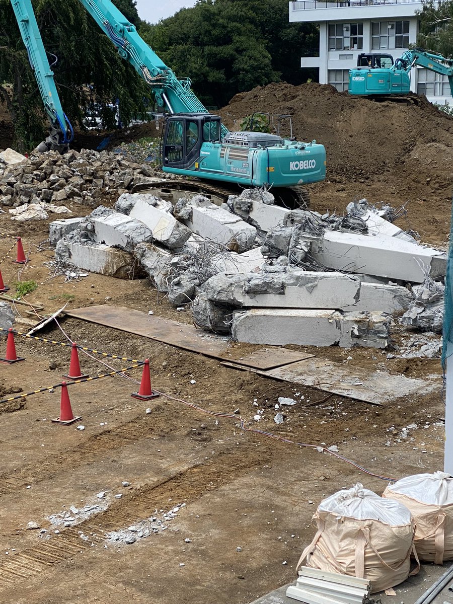 kurata_takashi's tweet image. 斜路の解体が完了した昨日、キャンパスでカブトムシを見つけた。４号館の脇階段に、転がっていた。というのは、生きたそれではなく、抜け殻のような姿だったので。「大地いましづかに揺れよ　油蝉」（富沢赤黄男）。この日の朝刊にあった句を思い出した。

#明治大学生田第二校舎斜路 #堀口捨己