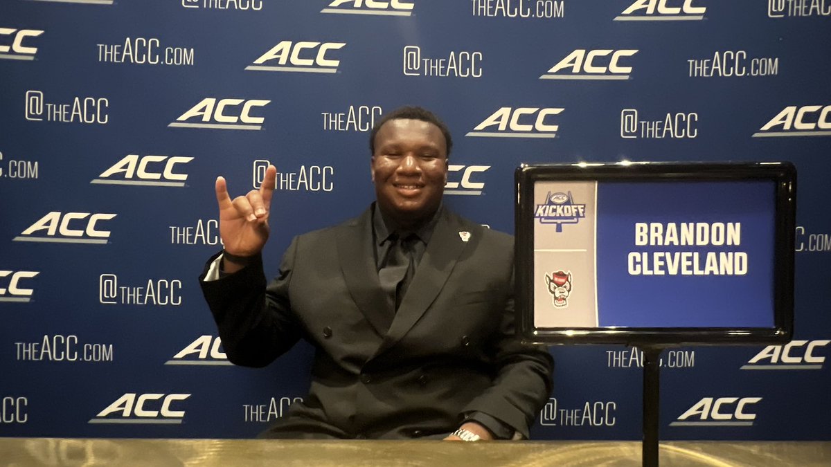 RobMcLamb's tweet image. NC State was represented by C.J. Bailey, Brandon Cleveland, Caden Fordham, and Justin Joly at the 2025 ACC Kickoff in Charlotte.