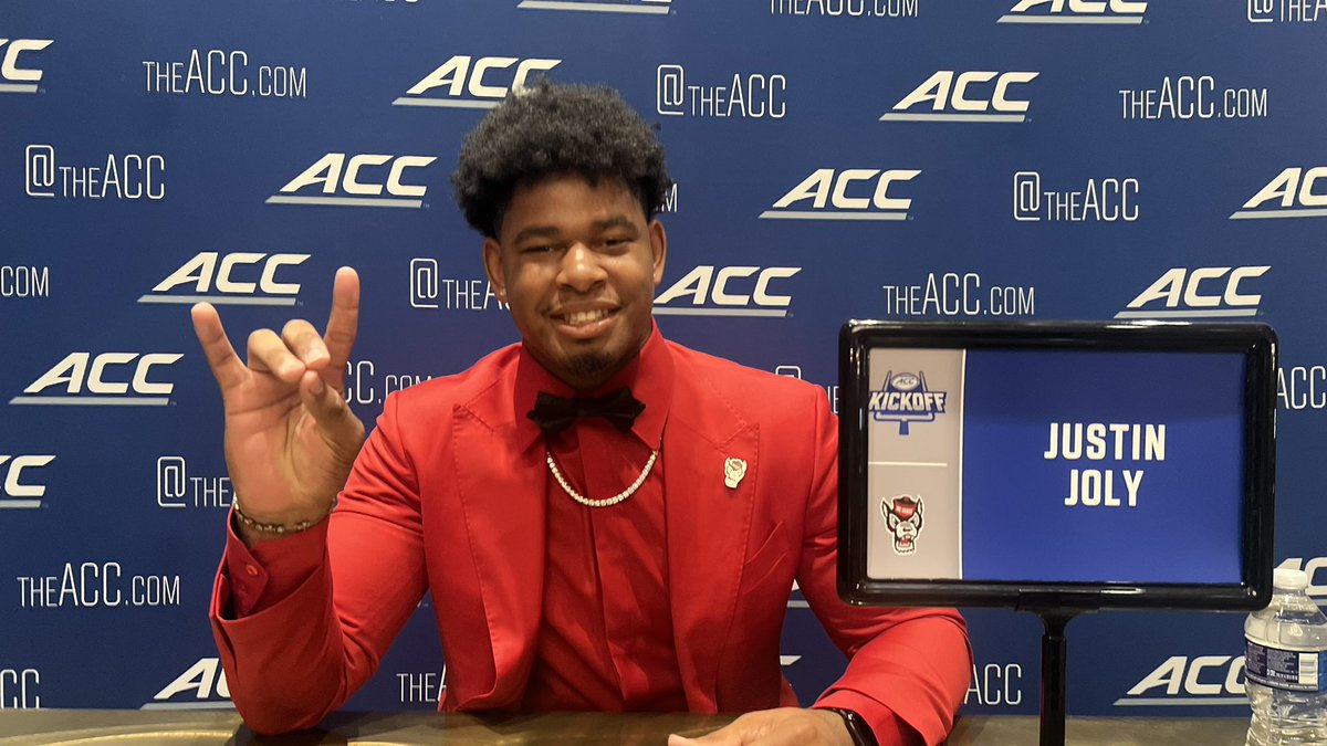 RobMcLamb's tweet image. NC State was represented by C.J. Bailey, Brandon Cleveland, Caden Fordham, and Justin Joly at the 2025 ACC Kickoff in Charlotte.