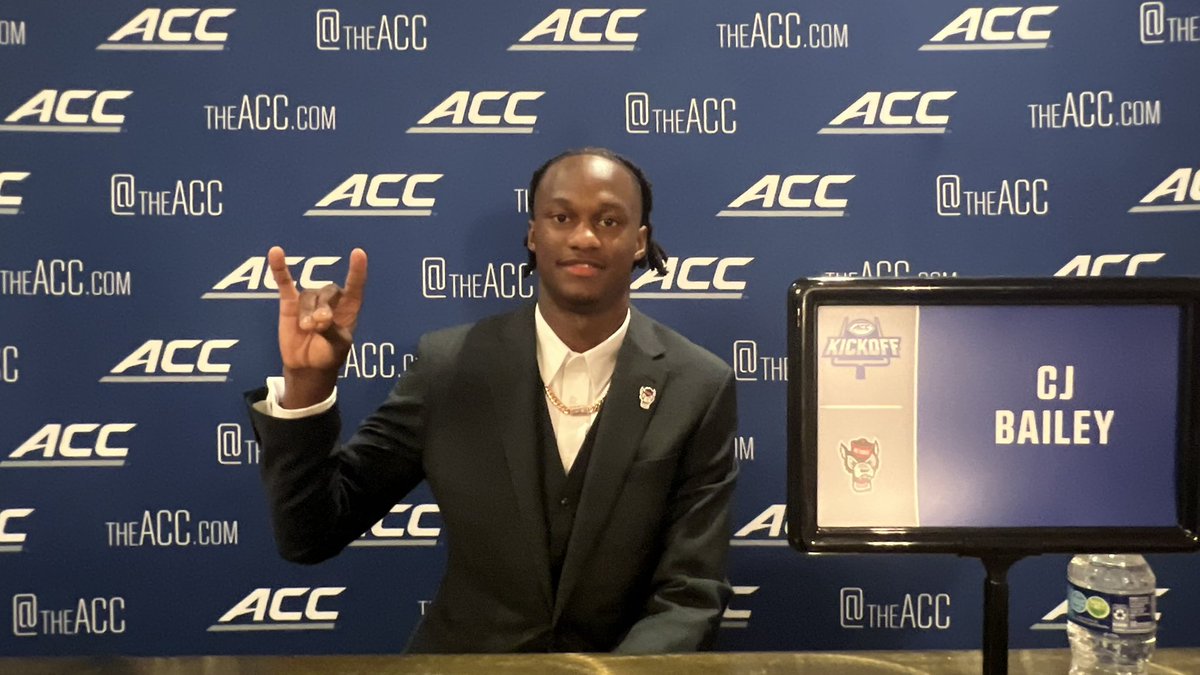 RobMcLamb's tweet image. NC State was represented by C.J. Bailey, Brandon Cleveland, Caden Fordham, and Justin Joly at the 2025 ACC Kickoff in Charlotte.