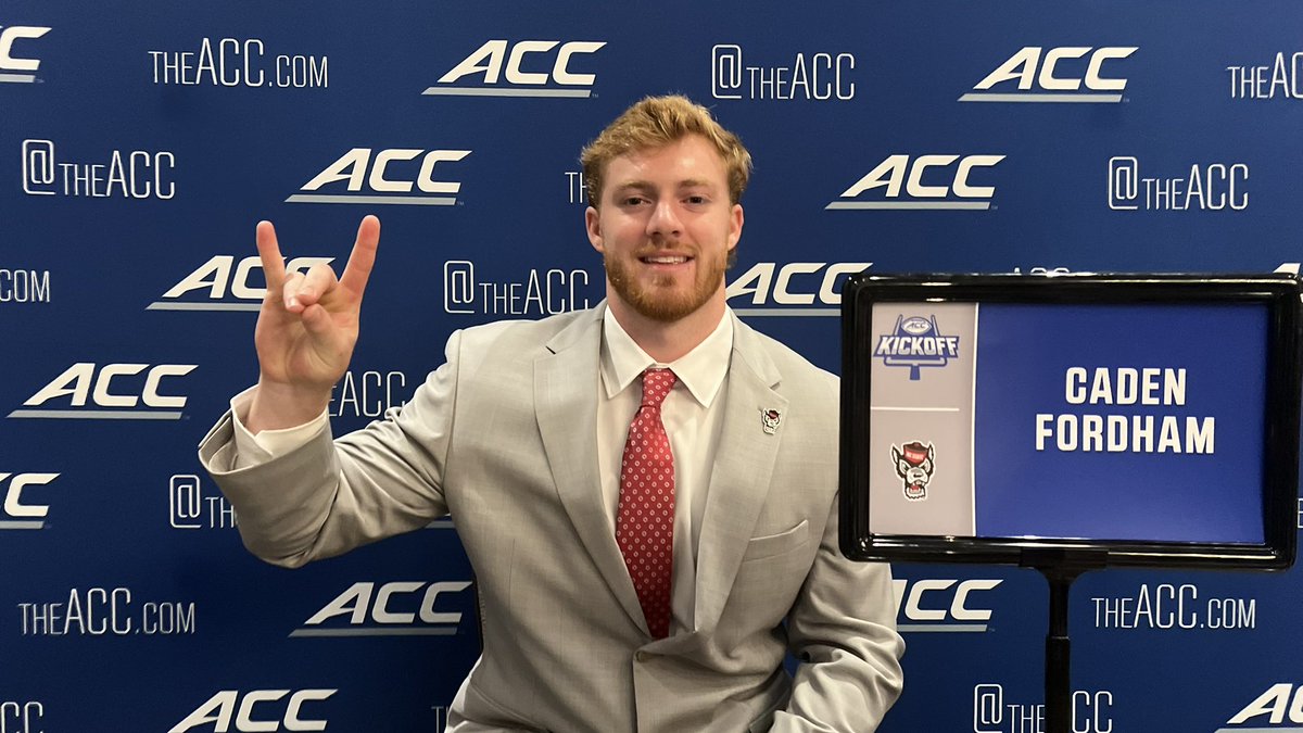 RobMcLamb's tweet image. NC State was represented by C.J. Bailey, Brandon Cleveland, Caden Fordham, and Justin Joly at the 2025 ACC Kickoff in Charlotte.