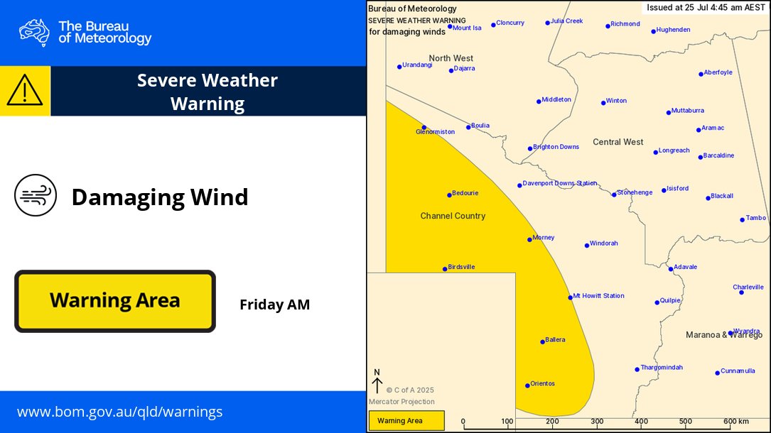 BOM_Qld's tweet image. ⚠️Severe Weather Warning for #DamagingWinds for parts of the Channel Country today as a strong cold front sweeps through.
Damaging winds averaging 55 to 65 km/h with peak gusts of around 90 km/h are possible from late morning.
Details: ow.ly/ws9T50Wv0za
