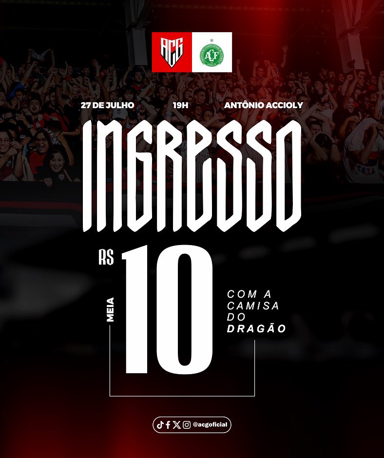 ACGOficial's tweet image. INGRESSOS DISPONÍVEIS! O Atlético iniciou hoje a venda de ingressos para o duelo contra a Chapecoense. O valor é de R$10 com a camisa do Dragão.
- Acesse o site Ingresso SA e garanta a sua presença no jogo deste domingo. ingressosa.com/27-07-atletico…
- Informações detalhadas sobre a…
