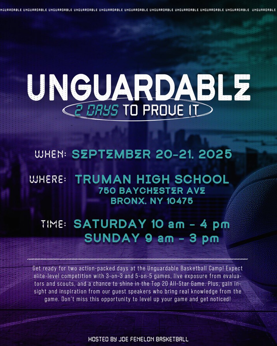 NYGHoops's tweet image. UNGUARDALE CAMP
WHO WILL BE THE NEXT BREAK OUT PROSPECT ?
📆: SAT / SUN Sept 20-2-
🏟️: Truman H.S.
🕔: 10AM - 4PM
📺: Bronx NY
🔗: nyghoopsreport.com/events/unguard…