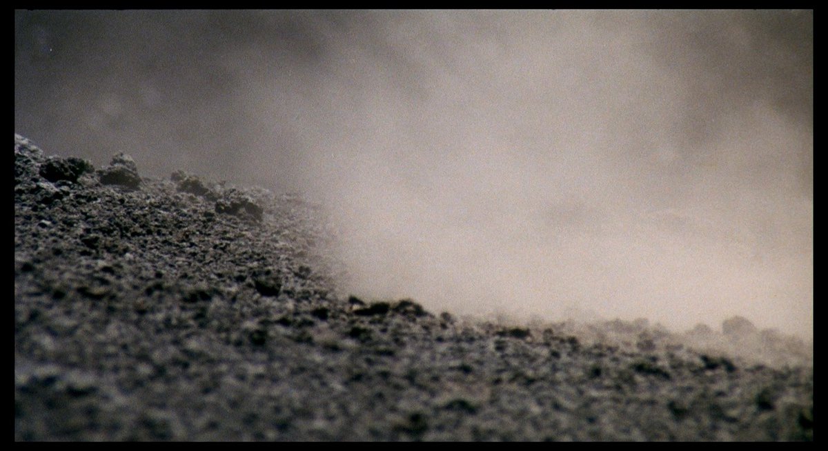 Odetta, in Pasolini’s Theorem, literally spirals – rotating with the camera, dancing around the twirls in the driveway, posing by an ornamental twirl while her hair curls up – then retreats into a paralysis that is mysteriously intercut with images of the volcanic desert.